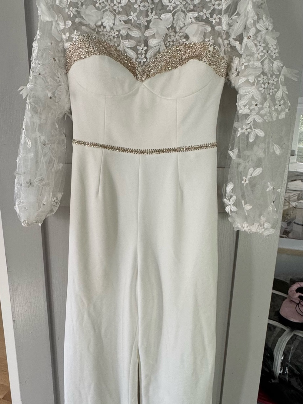 Dress the Population White Long Sleeve Lace Jumpsuit with Gold Beaded Trim